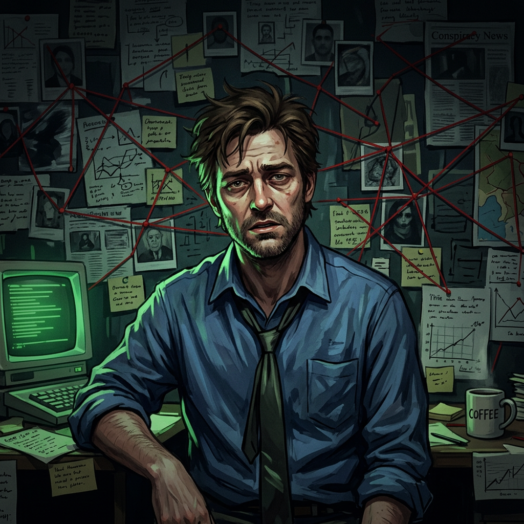 Stylized Charlie conspiracy-board portrait with red string and terminal glow
